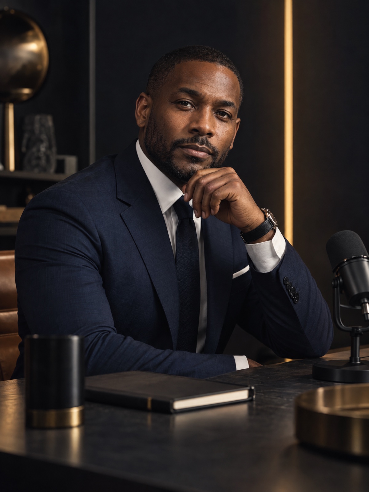 A business creator in a midnight blue suit seated at a minimalist studio desk.